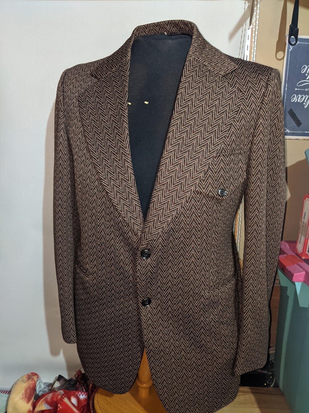 Vintage 70s Brown Chevron Herringbone Suit Jacket & Slacks 2 Piece Set Len Hill